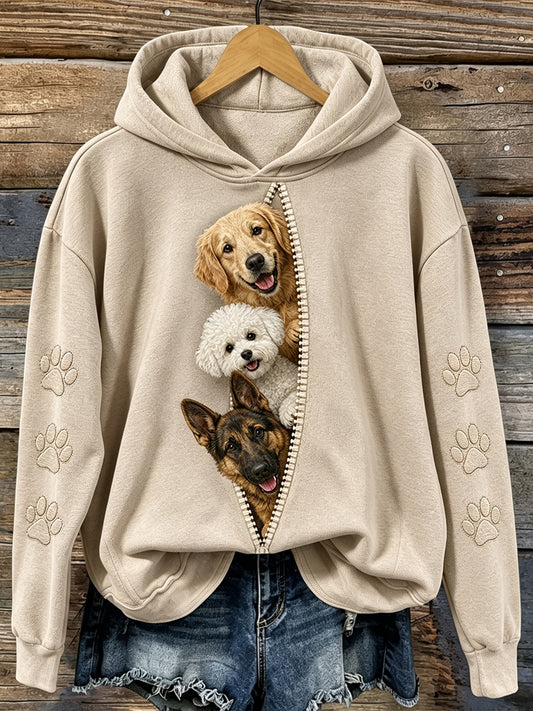 Women's Vintage Cute Peeking Dogs & Paws Print Comfy Hoodie