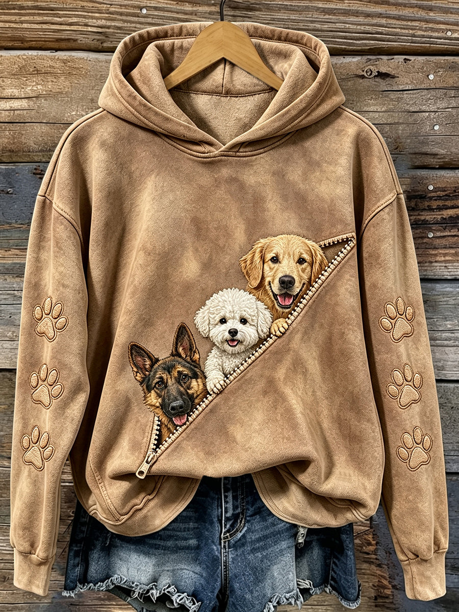 Women's Vintage Cute Peeking Dogs & Paws Print Comfy Hoodie