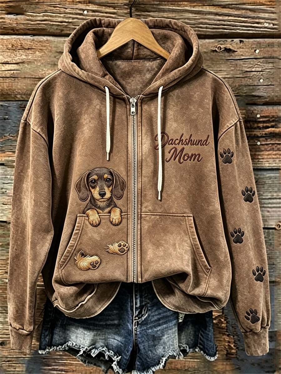 Women's Peeking Dachshund Dog Dachshund Mom Paw Prints Full Zip Hoodie