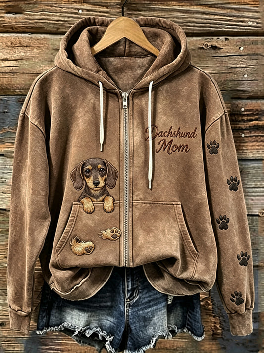 Women's Peeking Dachshund Dog Dachshund Mom Paw Prints Full Zip Hoodie