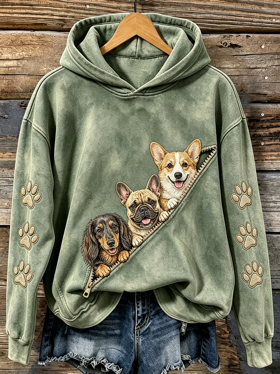 Women's Vintage Cute Peeking Dogs & Paws Print Comfy Hoodie