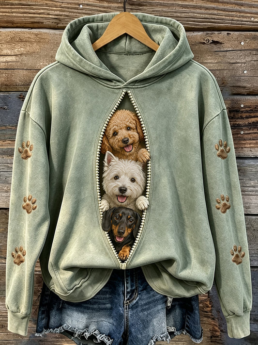 Women's Vintage Cute Peeking Dogs & Paws Print Comfy Hoodie