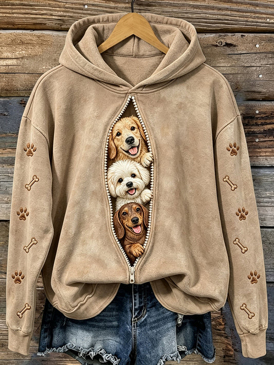 Women's Vintage Cute Peeking Dogs & Paws Print Comfy Hoodie