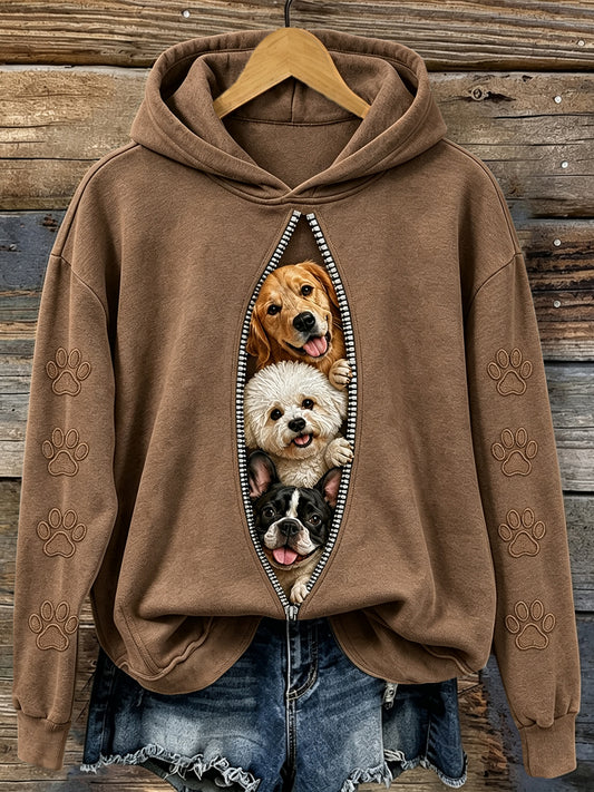 Women's Vintage Cute Peeking Dogs & Paws Print Comfy Hoodie