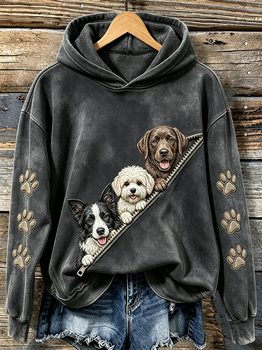 Women's Vintage Cute Peeking Dogs & Paws Print Comfy Hoodie
