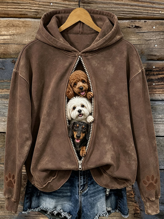 Women's Vintage Cute Peeking Dogs & Paws Print Comfy Hoodie