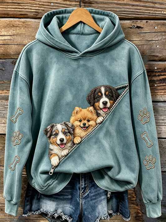 Women's Vintage Cute Peeking Dogs & Paws Print Comfy Hoodie