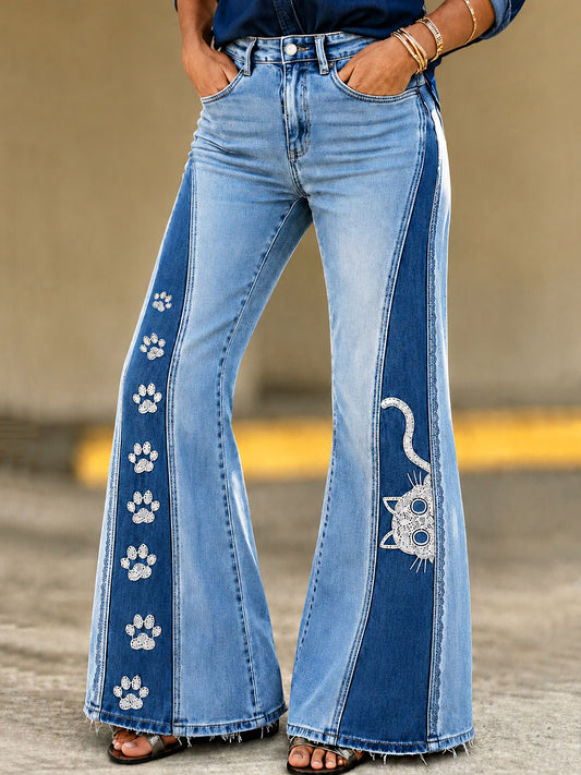 Women's Cat Paw Art Print Flared Trousers