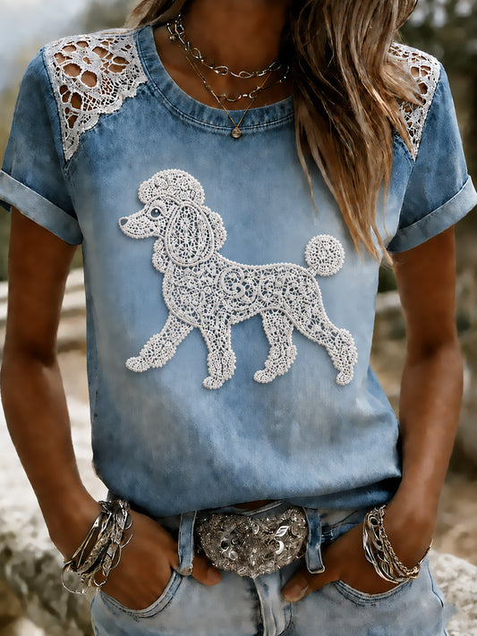 Women's Animal Dog Printed Vintage Fashion Loose Short Sleeve T-Shirt
