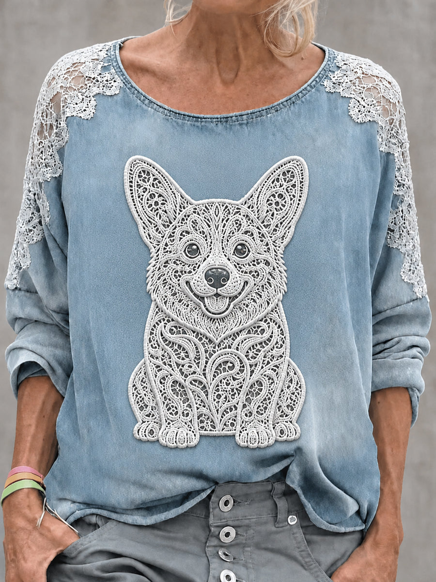 Women's Animal Dog Printed Round-Neck Long-Sleeved Sweatshirt