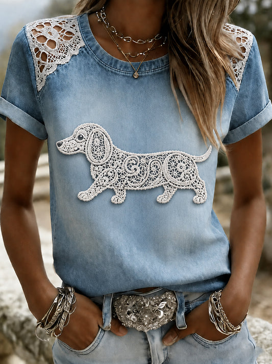 Women's Animal Dog  Printed Vintage Fashion Loose Short Sleeve T-Shirt