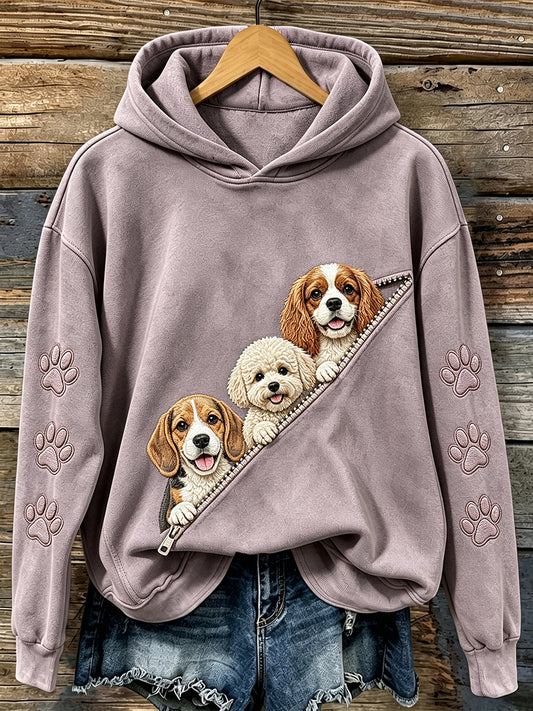 Women's Vintage Cute Peeking Dogs & Paws Print Comfy Hoodie
