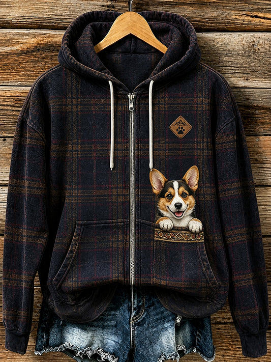 Retro Animal Print Casual Hooded Zip-Up Jacket