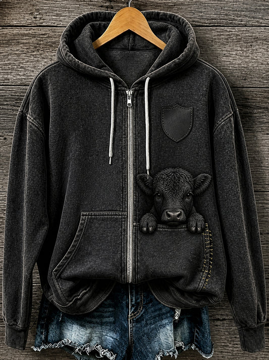 Retro Animal Print Casual Hooded Zip-Up Jacket