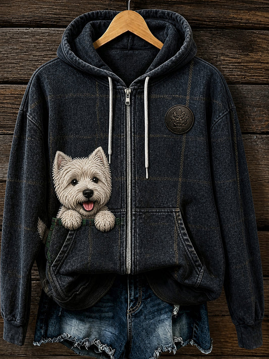 Retro Animal Print Casual Hooded Zip-Up Jacket