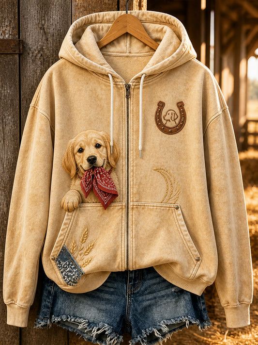 Retro Animal Print Casual Hooded Zip-Up Jacket