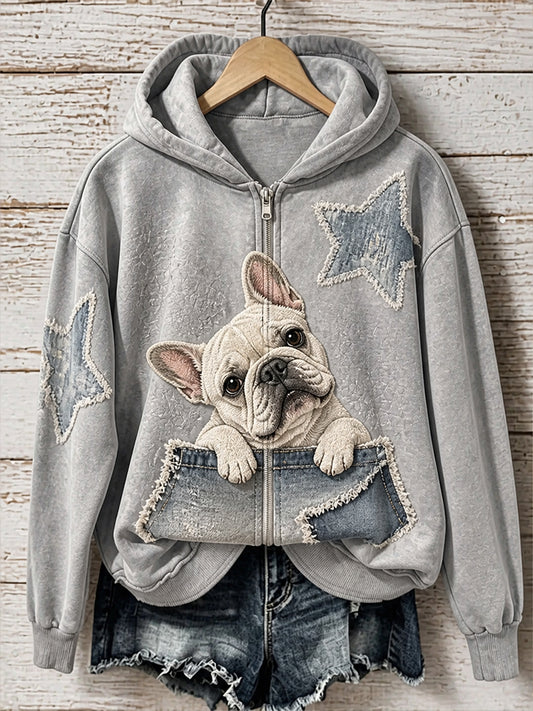 Retro Animal Print Casual Hooded Zip-Up Jacket