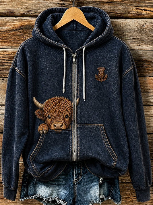 Retro Animal Print Casual Hooded Zip-Up Jacket