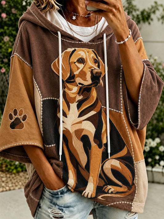 Women's cute little dog pattern color-blocked design casual hoodie