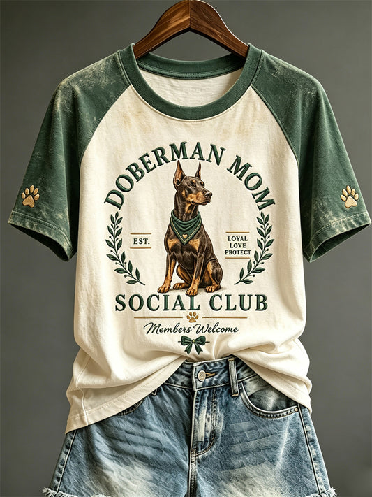 Women's Vintage Doberman Mom Social Club Print Raglan short sleeve T-shirt