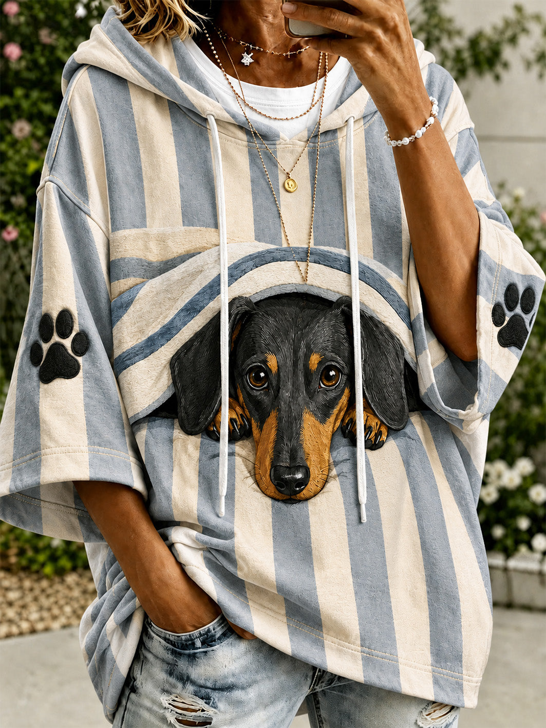Women's cute little dog pattern color-blocked design casual hoodie