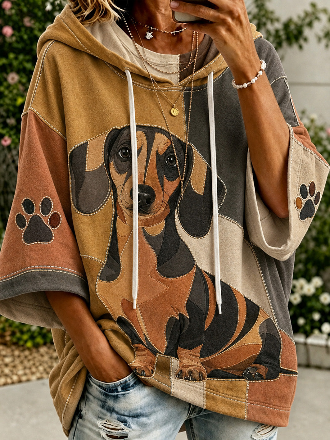 Women's cute little dog pattern color-blocked design casual hoodie