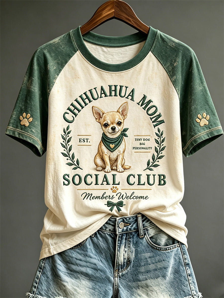Women's Vintage Chihuahua Mom Social Club Print Raglan short sleeve T-shirt