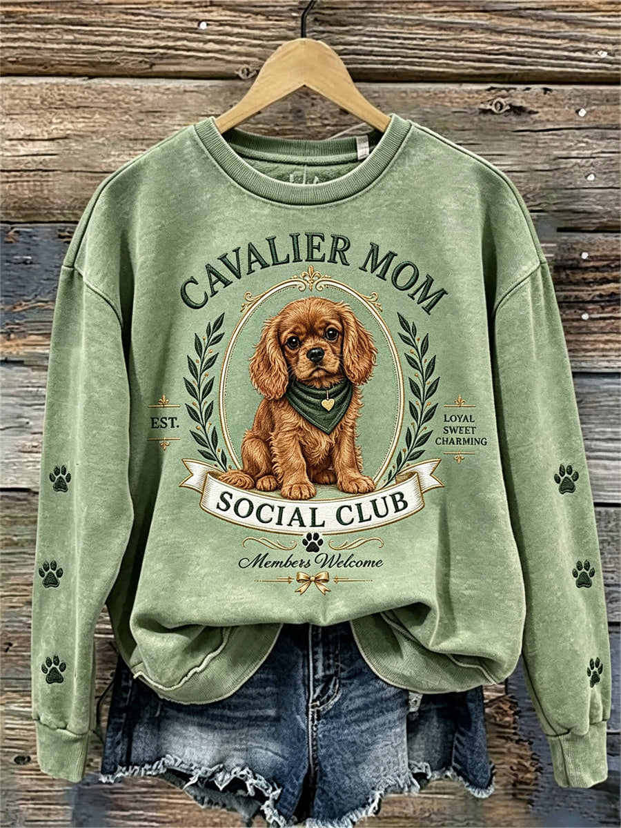 Women's Vintage Cavalier Mom Social Club Dog Lover Print Sweatshirt