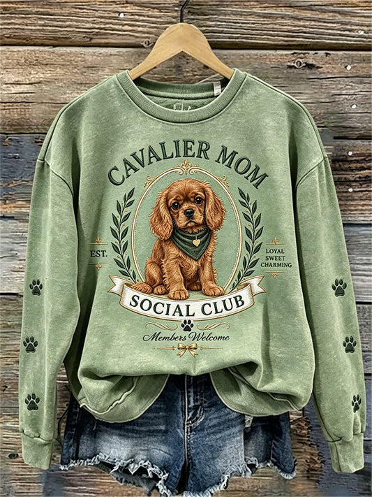 Women's Vintage Cavalier Mom Social Club Dog Lover Print Sweatshirt