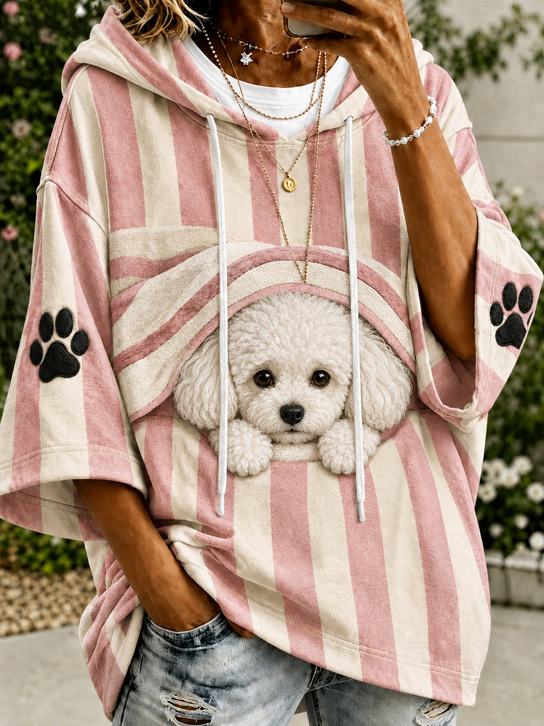 Women's cute little dog pattern color-blocked design casual hoodie