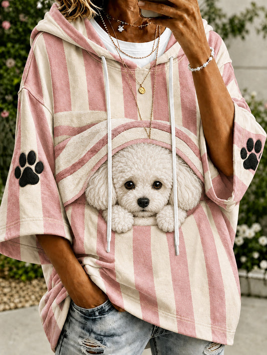 Women's cute little dog pattern color-blocked design casual hoodie