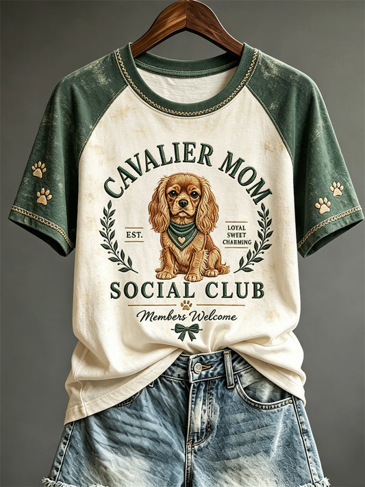 Women's Vintage Cavalier Mom Social Club Print Raglan short sleeve T-shirt