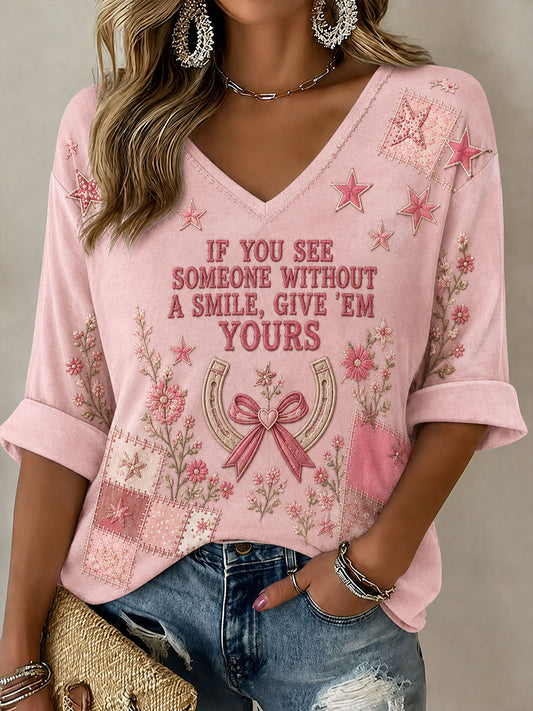 Women's If You See Somebody Without A Smile Give ’em Yours Mid-length Sleeves V-Neck T-Shirt