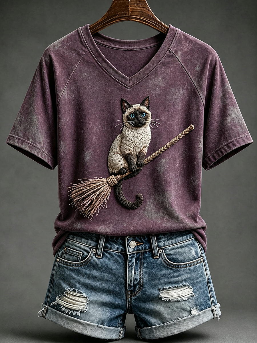 Women's Vintage Halloween Witch Cat Print V-neck Short-sleeved T-shirt