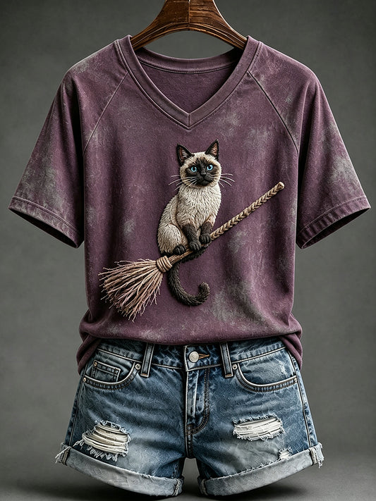 Women's Vintage Halloween Witch Cat Print V-neck Short-sleeved T-shirt