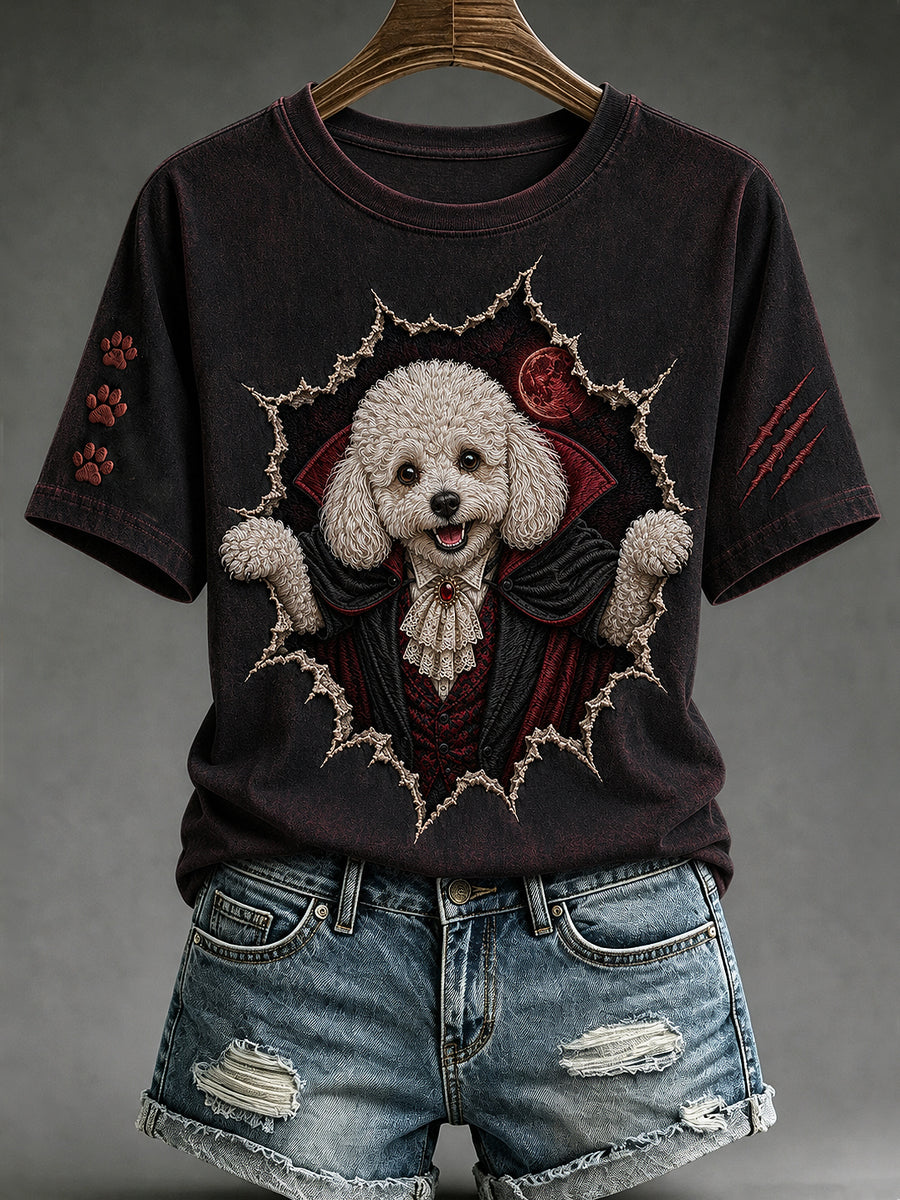 Women's Halloween Vampire Dog Printed Vintage Fashion Loose Short Sleeve T-Shirt