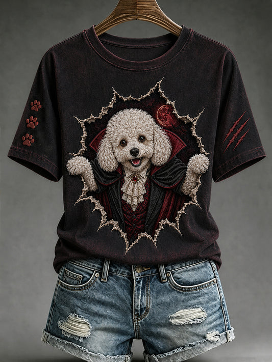 Women's Halloween Vampire Dog Printed Vintage Fashion Loose Short Sleeve T-Shirt