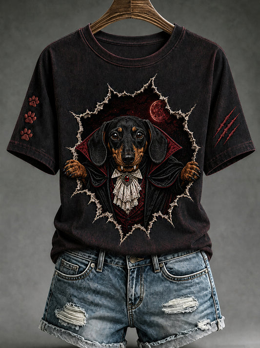 Women's Halloween Vampire Dog Printed Vintage Fashion Loose Short Sleeve T-Shirt