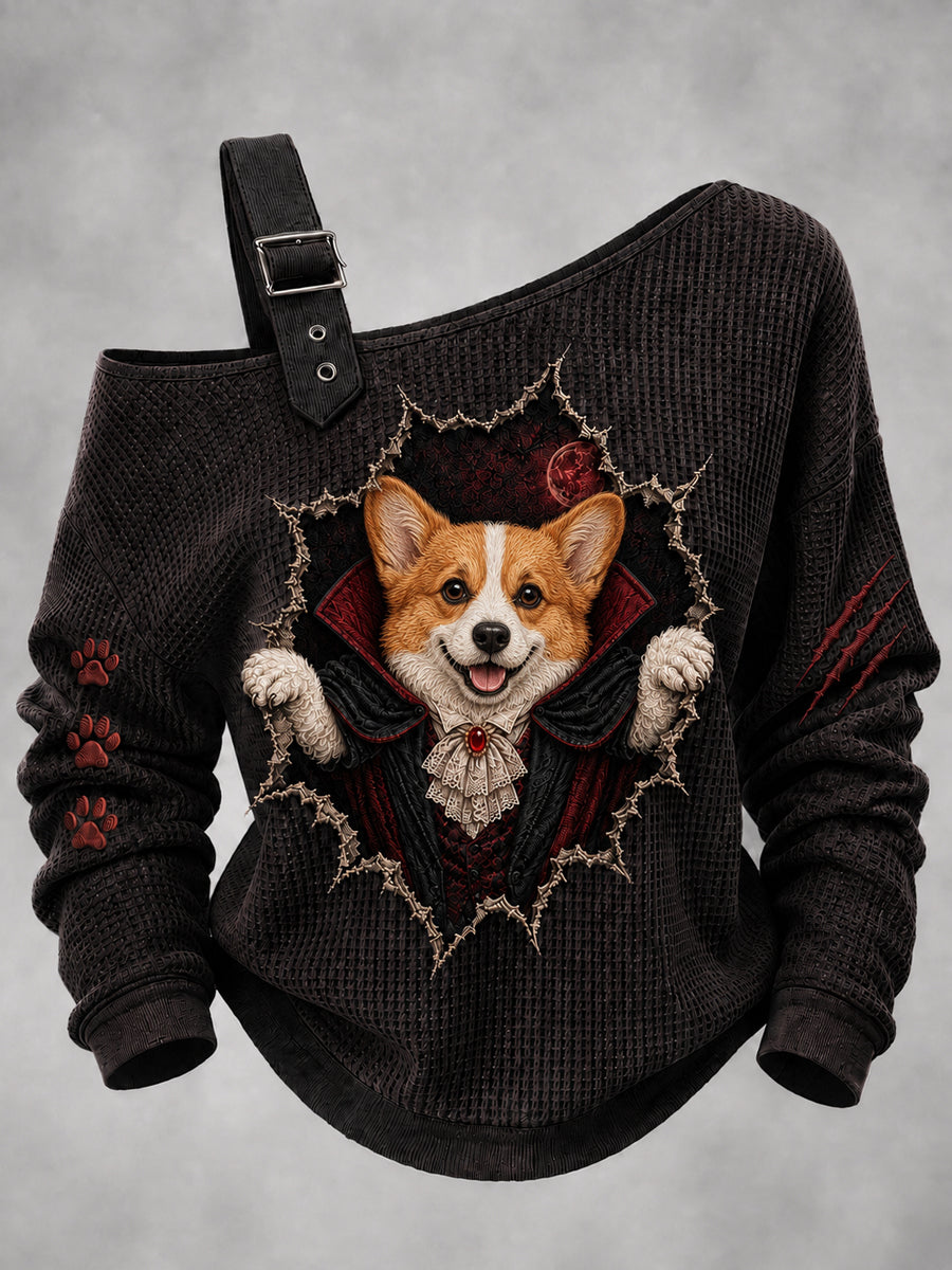 Women's Halloween Vampire Dog Printed One Shoulder Waffle Casual Sweatshirt