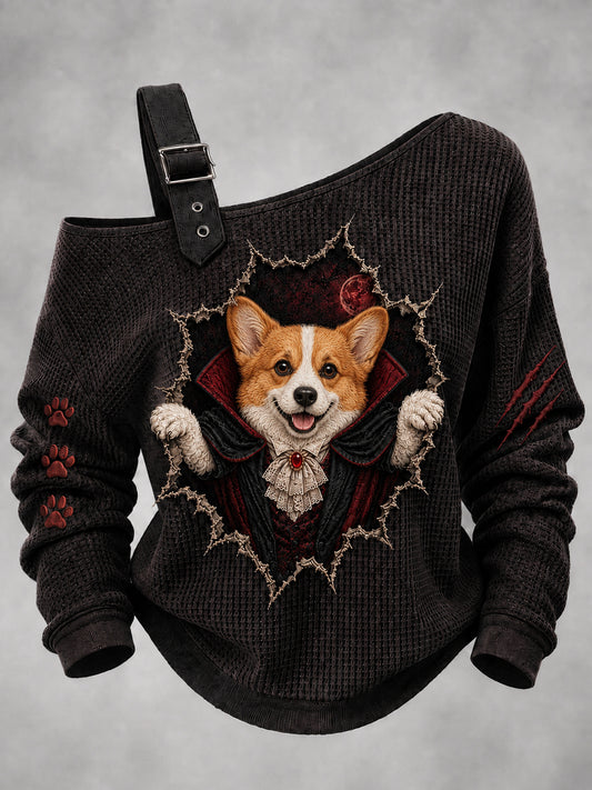 Women's Halloween Vampire Dog Printed One Shoulder Waffle Casual Sweatshirt