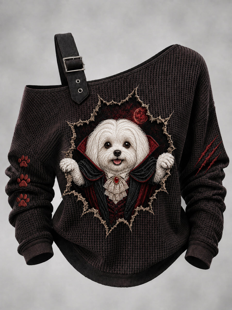 Women's Halloween Vampire Dog Printed One Shoulder Waffle Casual Sweatshirt