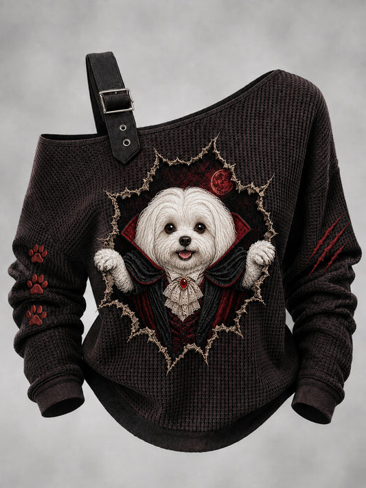 Women's Halloween Vampire Dog Printed One Shoulder Waffle Casual Sweatshirt