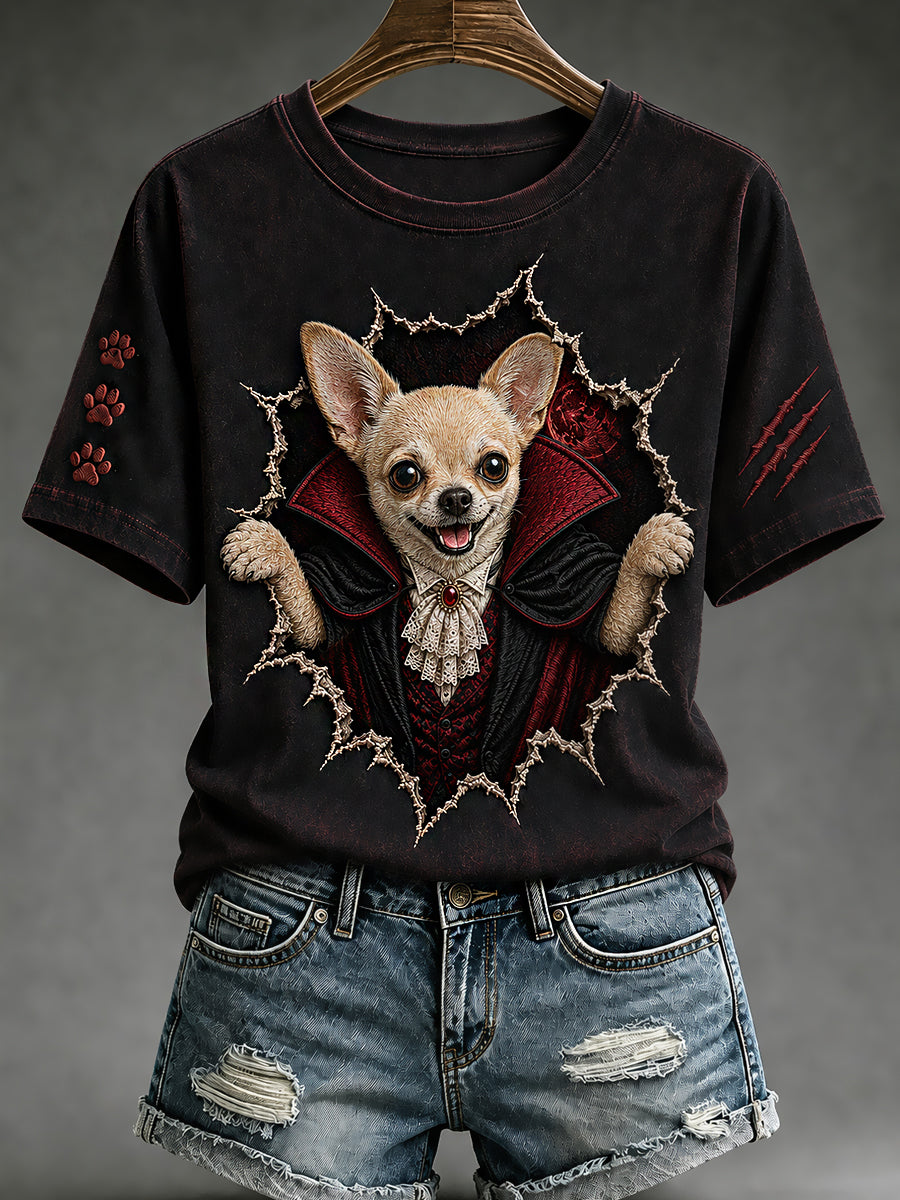 Women's Halloween Vampire Dog Printed Vintage Fashion Loose Short Sleeve T-Shirt