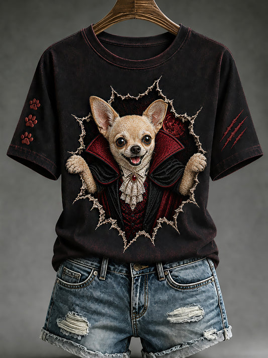 Women's Halloween Vampire Dog Printed Vintage Fashion Loose Short Sleeve T-Shirt