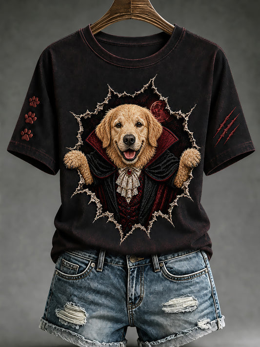 Women's Halloween Vampire Dog Printed Vintage Fashion Loose Short Sleeve T-Shirt