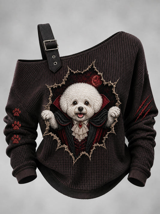 Women's Halloween Vampire Dog Printed One Shoulder Waffle Casual Sweatshirt