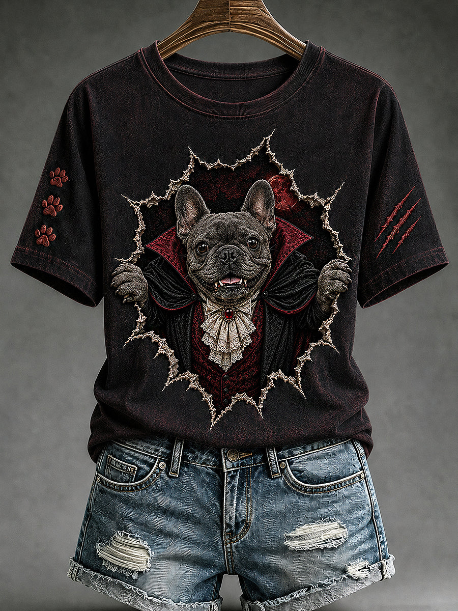 Women's Halloween Vampire Dog Printed Vintage Fashion Loose Short Sleeve T-Shirt