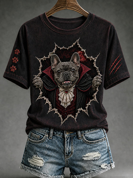 Women's Halloween Vampire Dog Printed Vintage Fashion Loose Short Sleeve T-Shirt