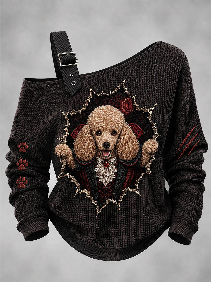 Women's Halloween Vampire Dog Printed One Shoulder Waffle Casual Sweatshirt