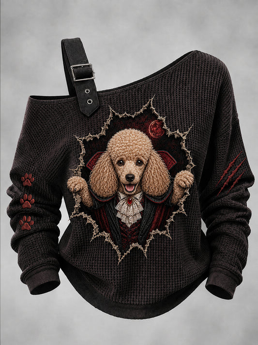 Women's Halloween Vampire Dog Printed One Shoulder Waffle Casual Sweatshirt